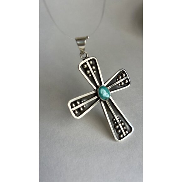 925 Sterling Silver Oxidized & Turquoise Cross Pendant - Picture 10 of 16